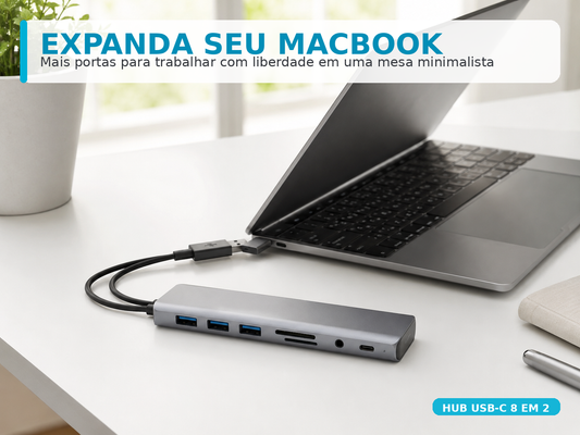 Hub USB-C 8 em 2 com Leitor Cartão SD, Entrada 3.5mm e USB-A | Monta Setup