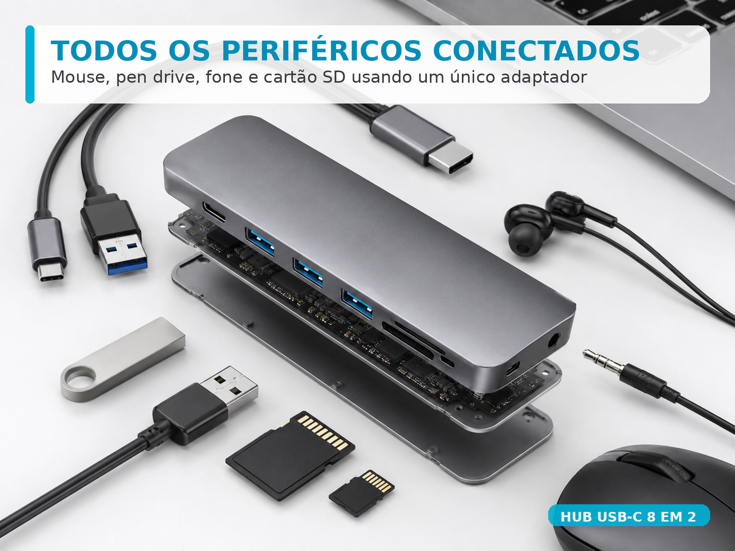 Hub USB-C 8 em 2 com Leitor Cartão SD, Entrada 3.5mm e USB-A | Monta Setup
