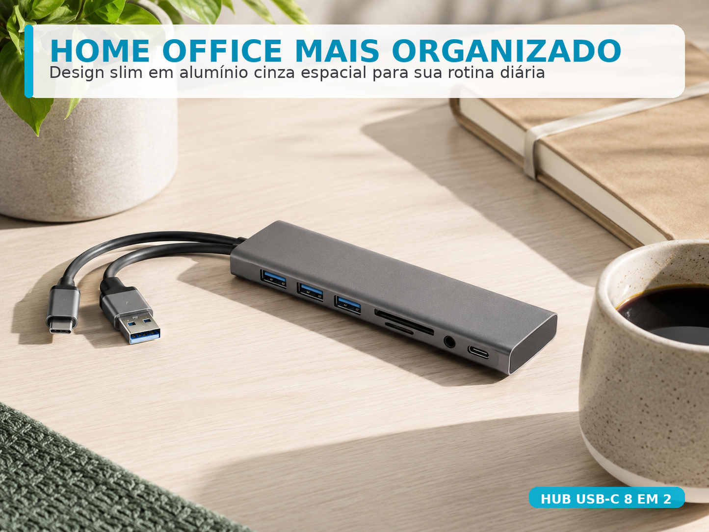 Hub USB-C 8 em 2 com Leitor Cartão SD, Entrada 3.5mm e USB-A | Monta Setup