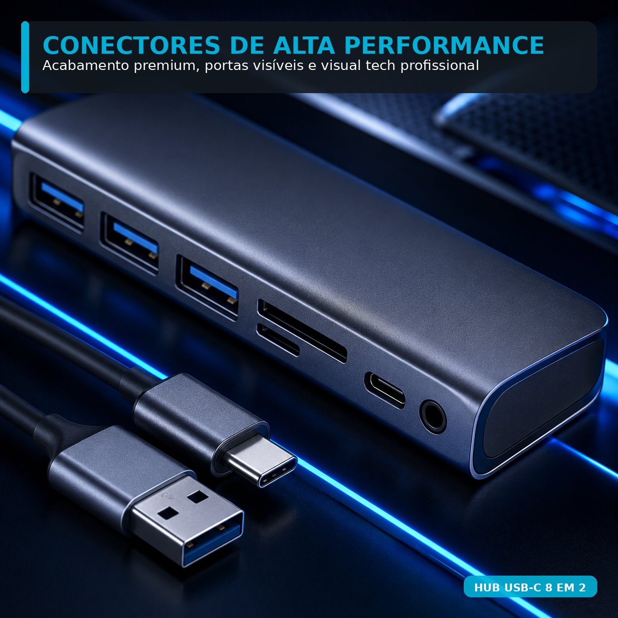 Hub USB-C 8 em 2 com Leitor Cartão SD, Entrada 3.5mm e USB-A | Monta Setup