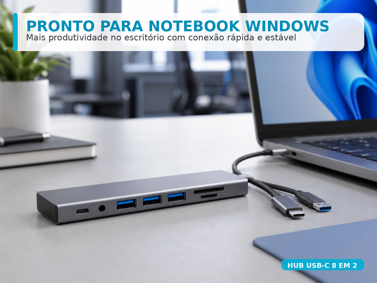 Hub USB-C 8 em 2 com Leitor Cartão SD, Entrada 3.5mm e USB-A | Monta Setup