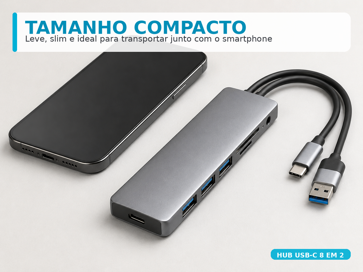 Hub USB-C 8 em 2 com Leitor Cartão SD, Entrada 3.5mm e USB-A | Monta Setup