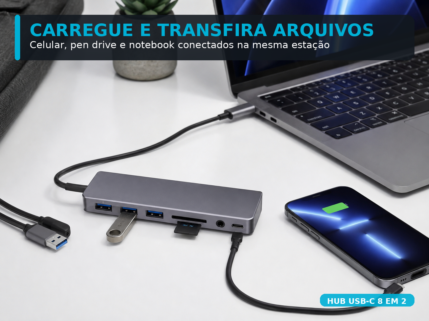 Hub USB-C 8 em 2 com Leitor Cartão SD, Entrada 3.5mm e USB-A | Monta Setup