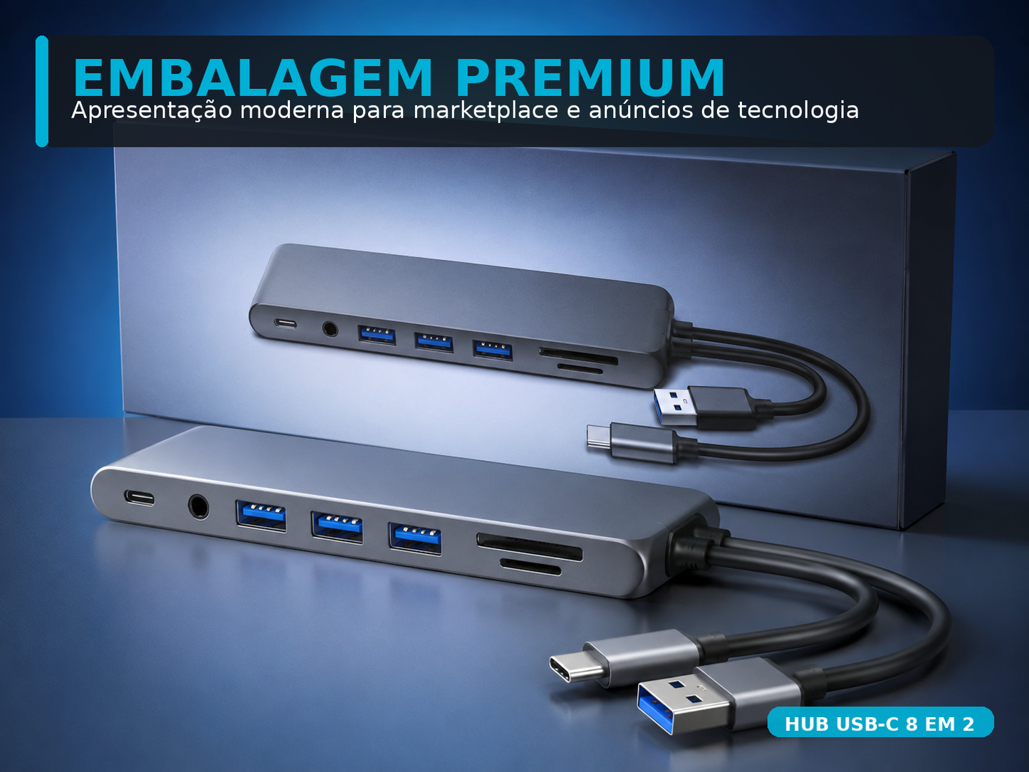 Hub USB-C 8 em 2 com Leitor Cartão SD, Entrada 3.5mm e USB-A | Monta Setup